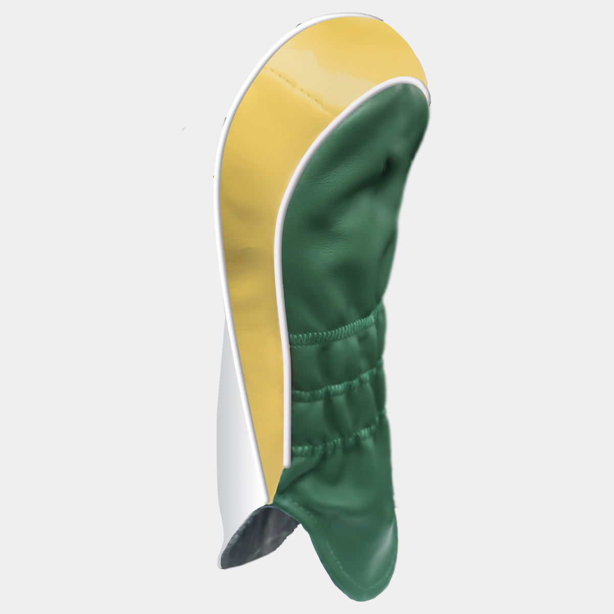 The back of a white, gold and green Australia leather golf club headcover with white piping shown on a plain light gray background.