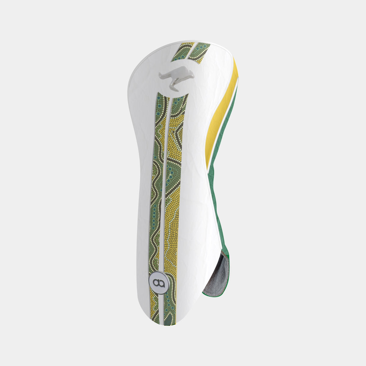 A white leather golf club headcover with a yellow and blue vertical stripe sporting a green and yellow Aboriginal-inspired patterned detailing and a small chrome kangaroo.