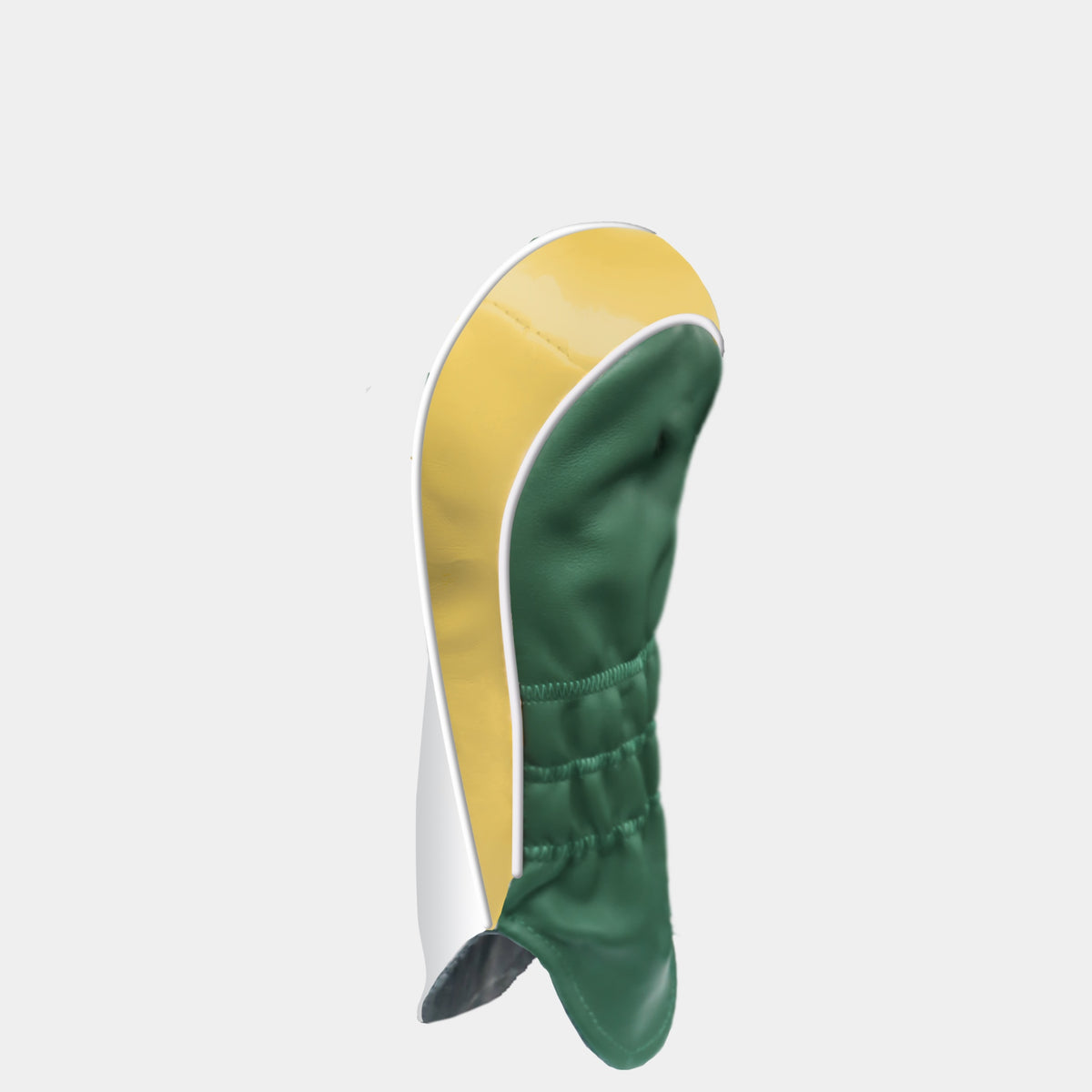 The back of a white, gold and green Australia leather golf club headcover with white piping shown on a plain light gray background.