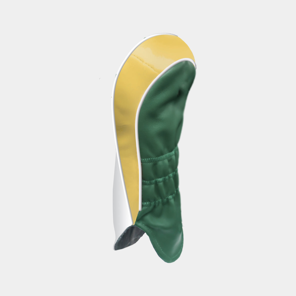 The back of a white, gold and green Australia leather golf club headcover with white piping shown on a plain light gray background.