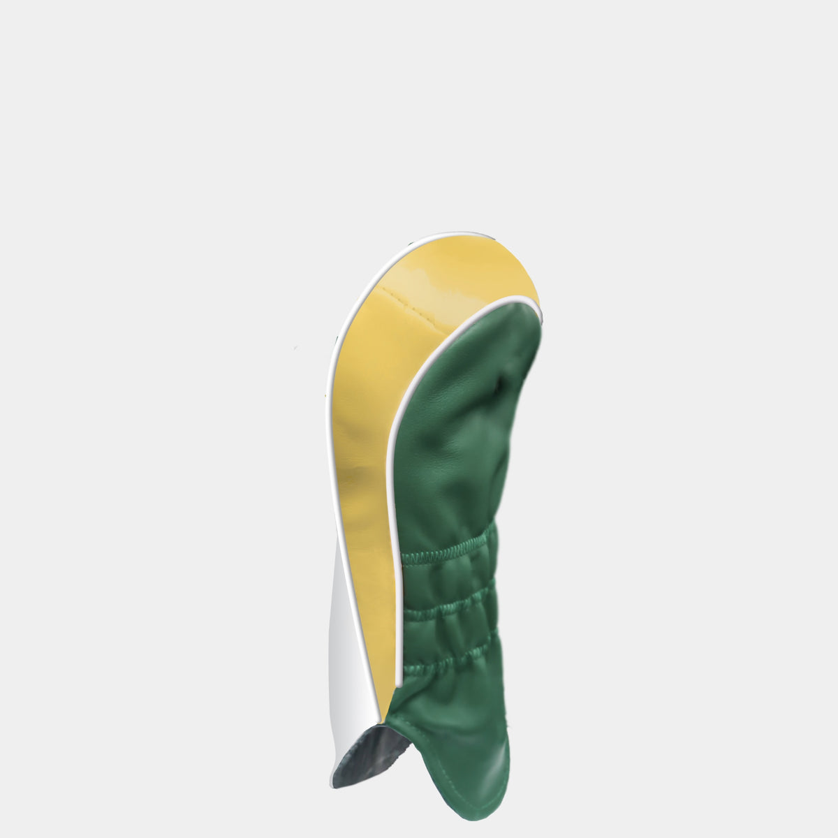 The back of a white, gold and green Australia leather golf club headcover with white piping shown on a plain light gray background.