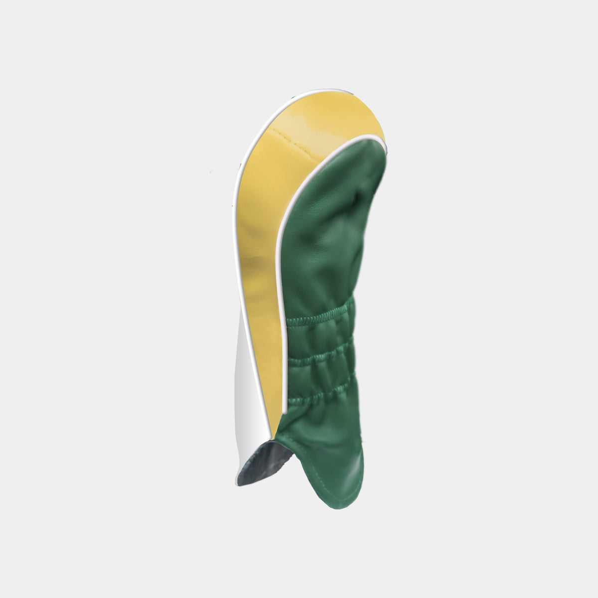 The back of a white, gold and green Australia leather golf club headcover with white piping shown on a plain light gray background.