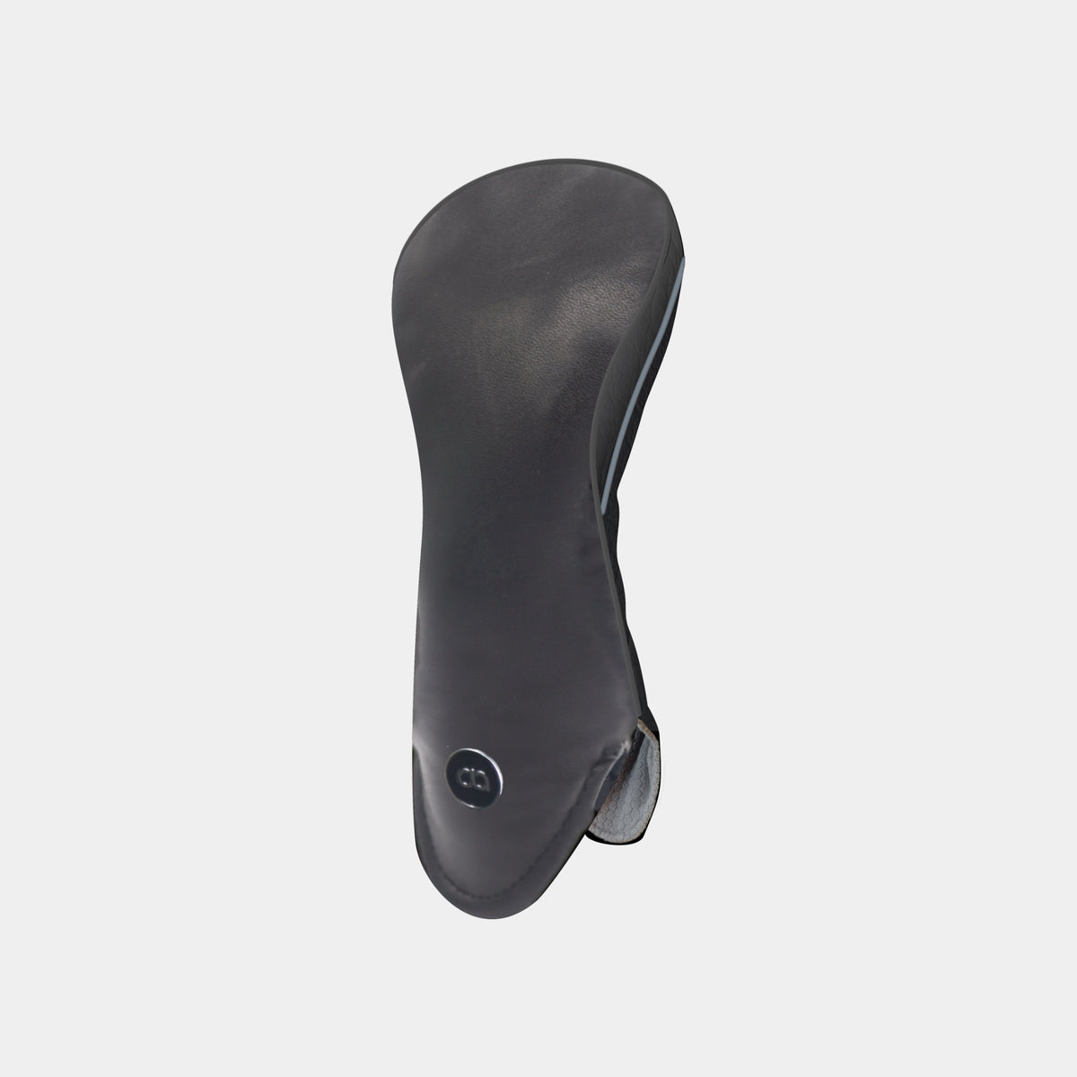 A black golf club headcover with a subtle gray piping accent, shown from a side profile view against a light gray background.