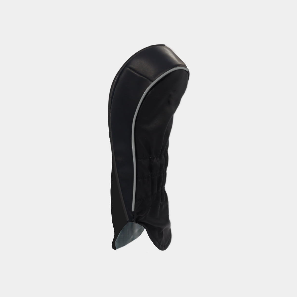 A black golf club headcover with a subtle gray piping accent, shown from a side profile view against a light gray background.