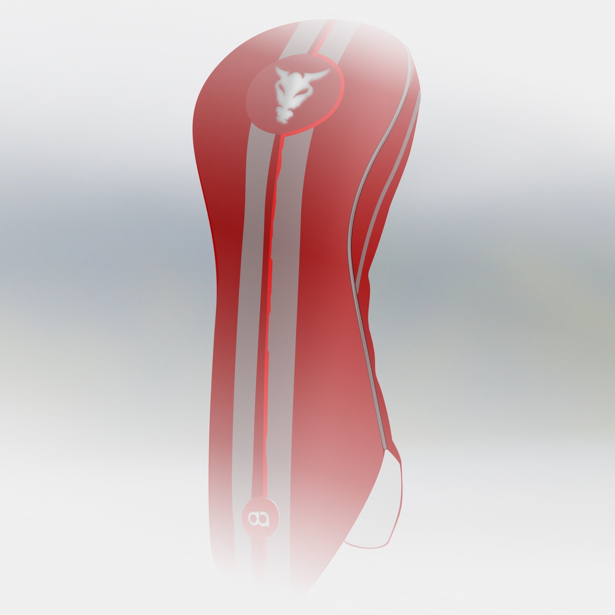 Red leather headcover with grey demonic design stripes.
