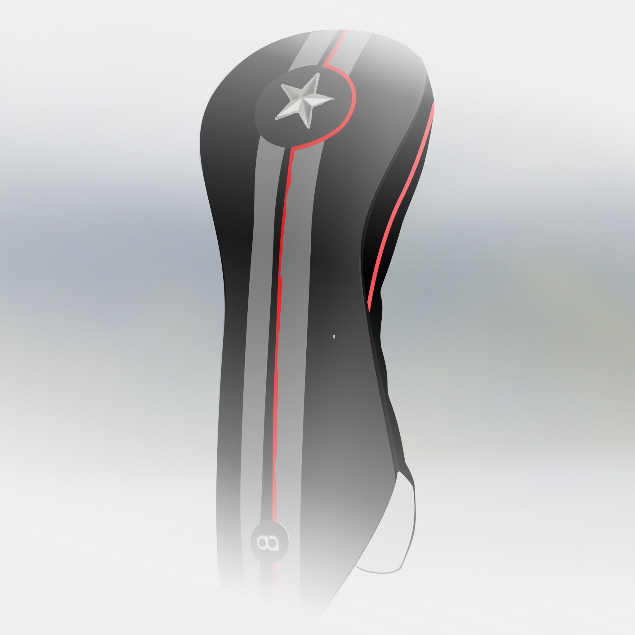 Black leather headcover with demonic design stripes. Grey and red.