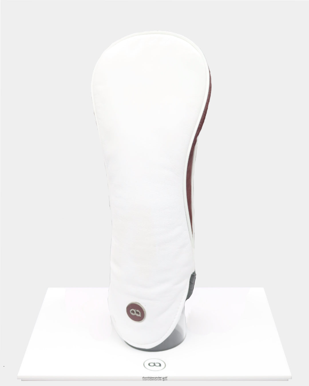 White and burgundy leather driver golf club replacement headcover. Golf gift for women. Designer golf accessory. Waterproof. Customisable. Leather emboss.