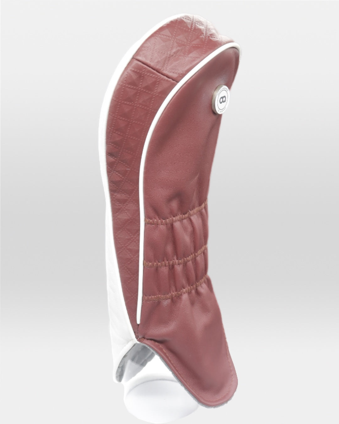 White and burgundy leather driver golf club replacement headcover. Golf gift for women. Designer golf accessory. Waterproof. Customisable. Leather emboss.