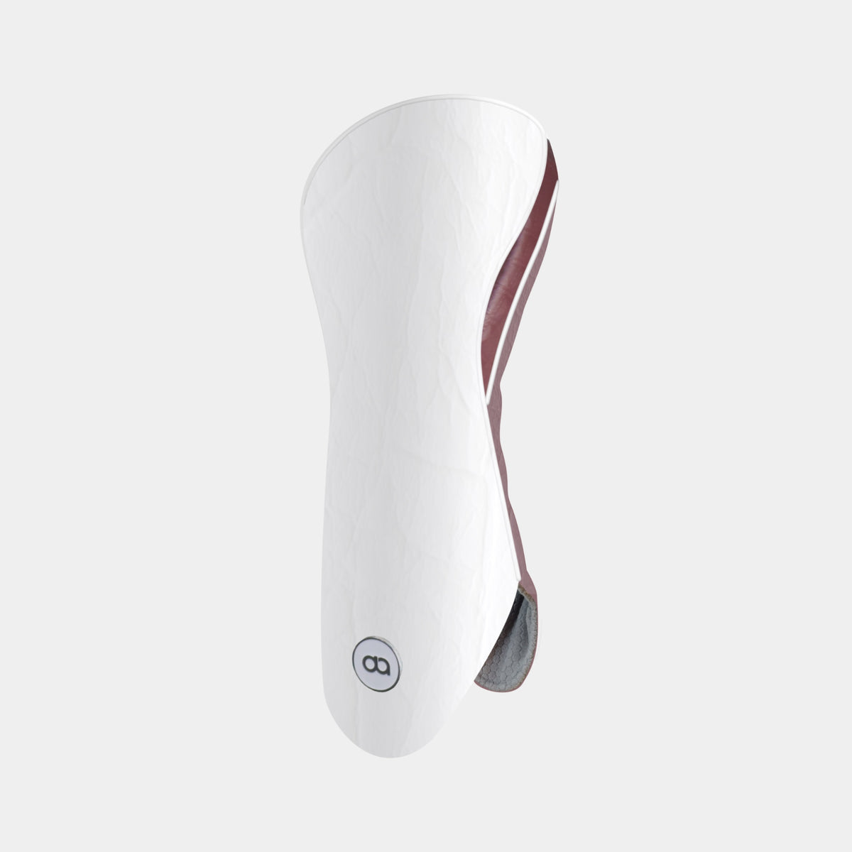 A white and burgundy leather golf club headciver shown on a light gray background.