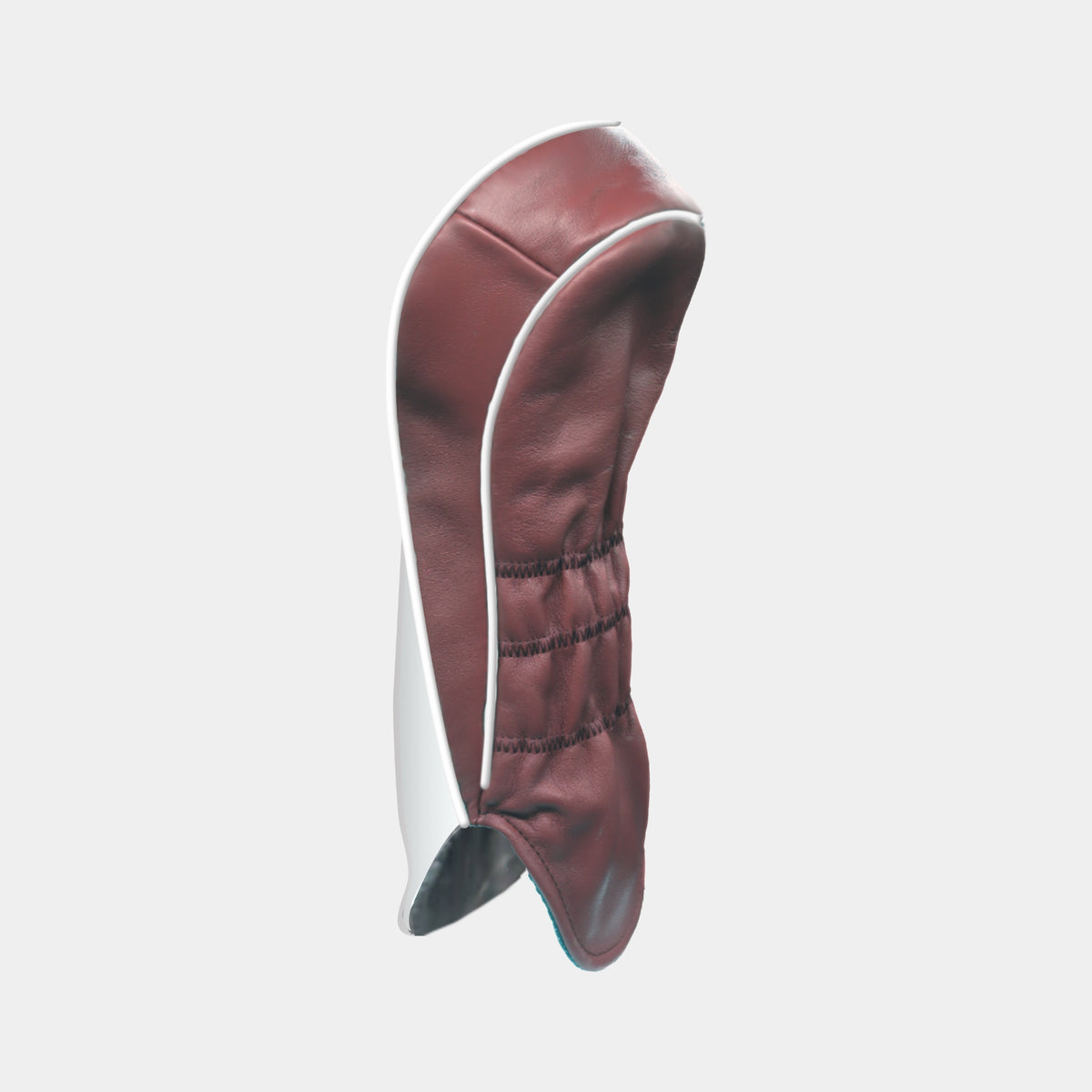 The back of a burgundy leather golf club headcover with white piping shown on a plain light gray background.