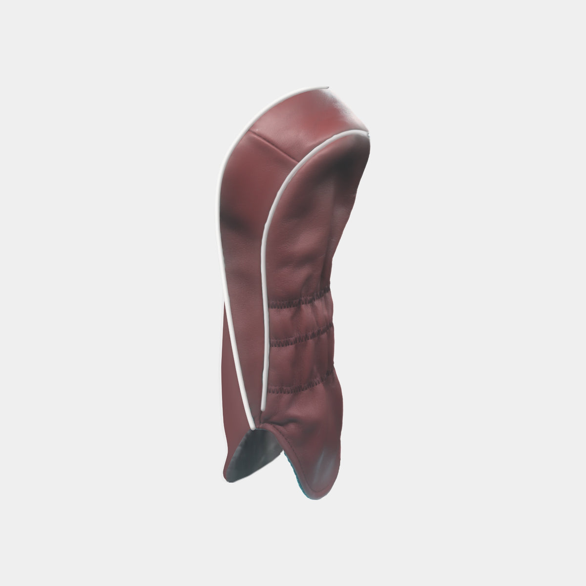 The back of a burgundy leather golf club headcover with white piping shown on a plain light gray background.