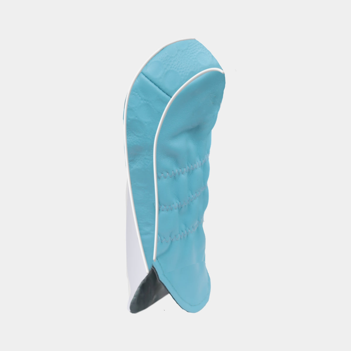 The reverse of a white and aqua blue leather golf club headcover on a grey background.