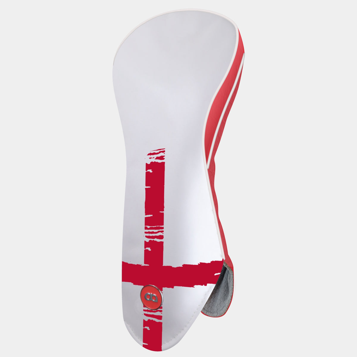 A white leather golf club headcover featuring a distressed red St. George's cross design and a red side stripe, shown against a light gray background.