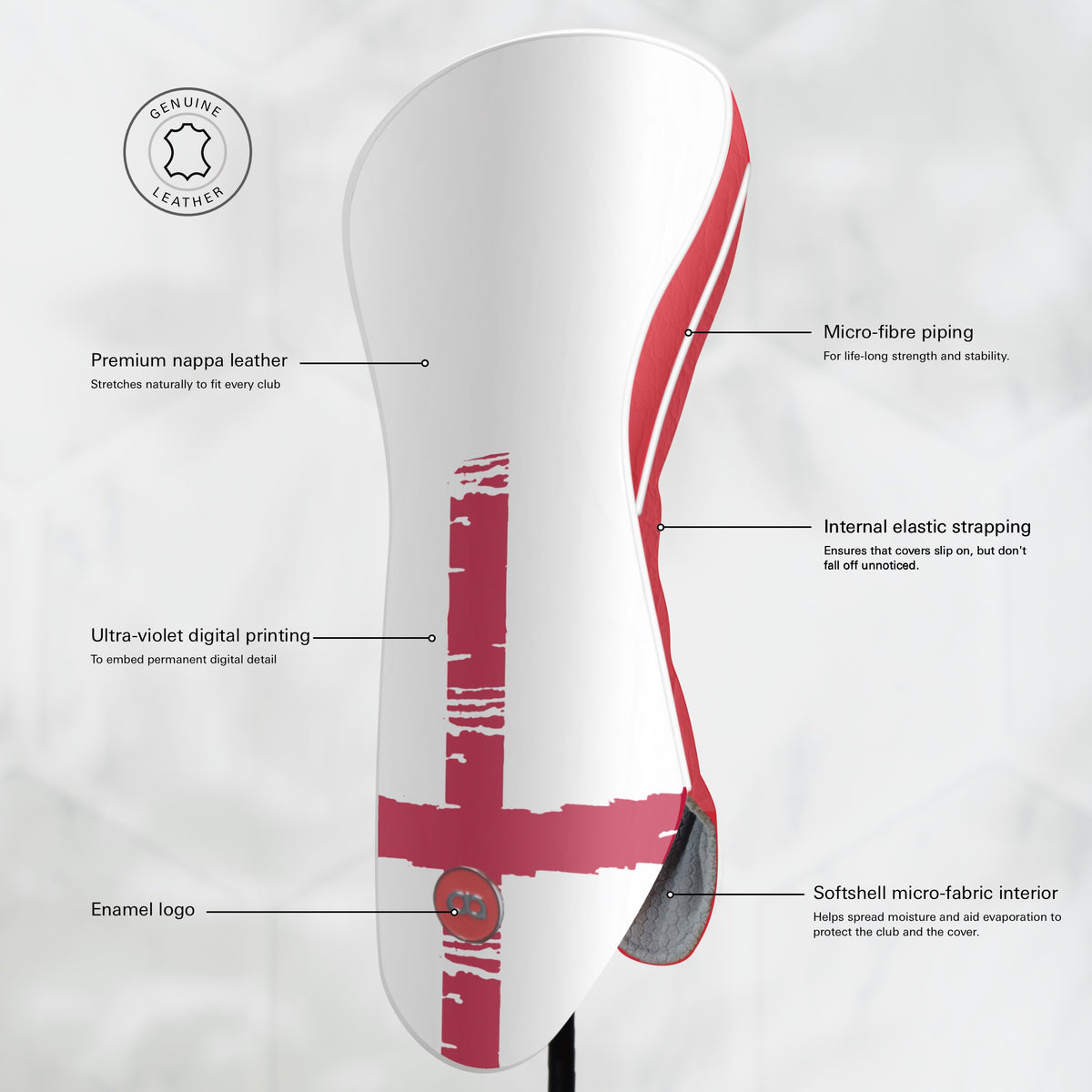 A white leather golf club headcover featuring a distressed red St. George's cross design and a red side stripe, shown against a light gray background.