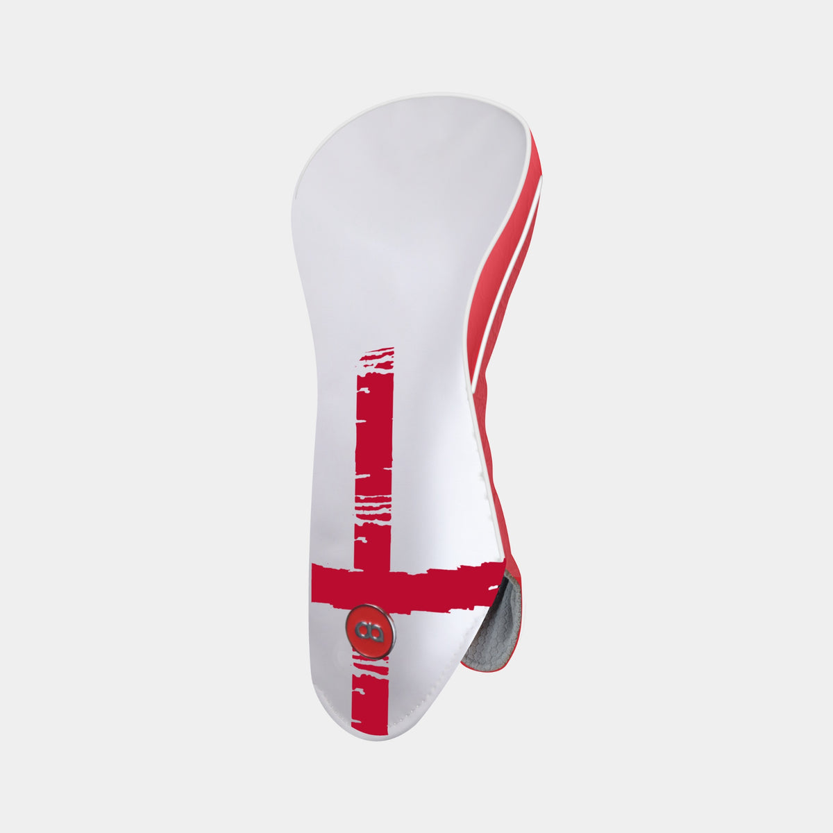 A white leather golf club headcover featuring a distressed red St. George's cross design and a red side stripe, shown against a light gray background.