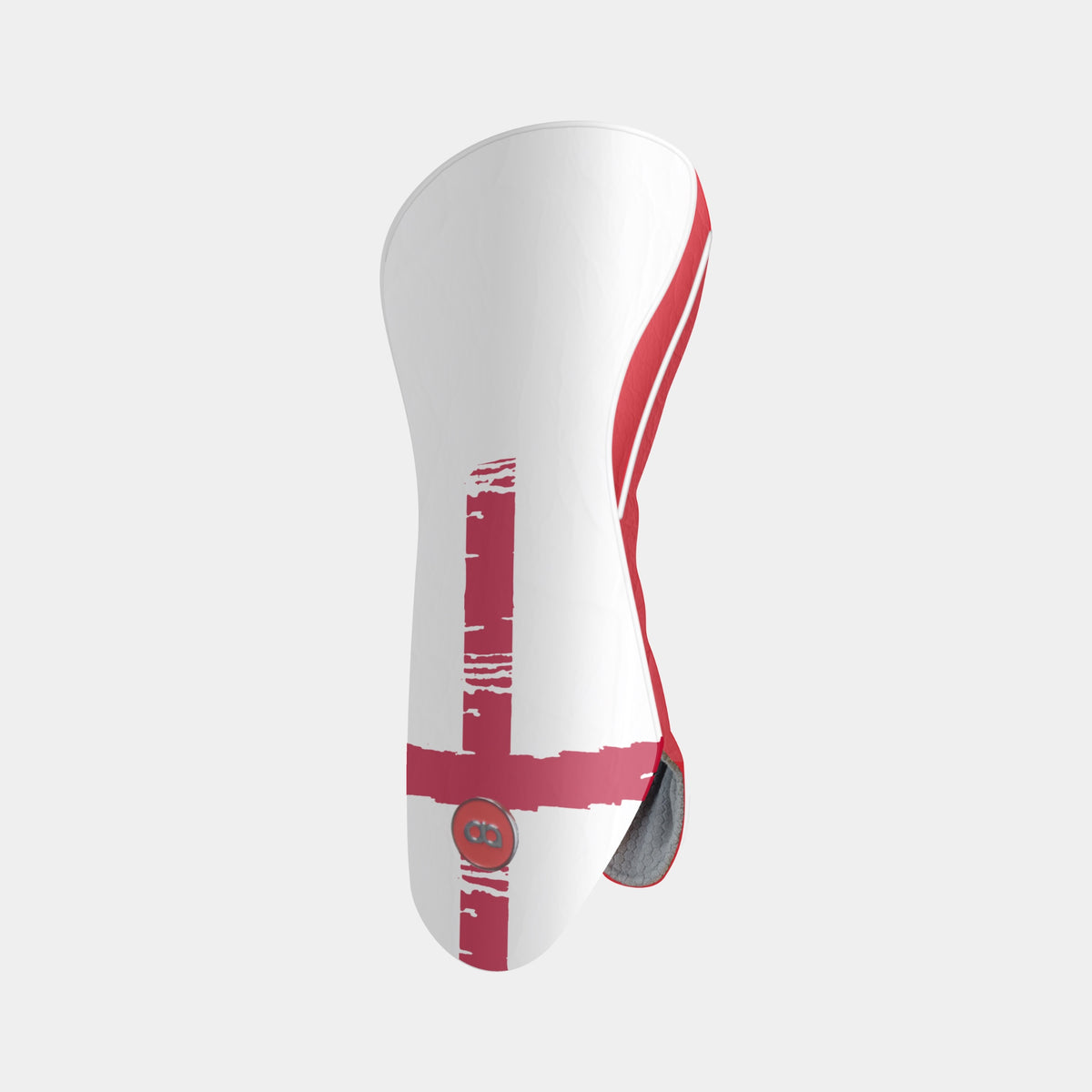 A white leather golf club headcover featuring a distressed red St. George's cross design and a red side stripe, shown against a light gray background.