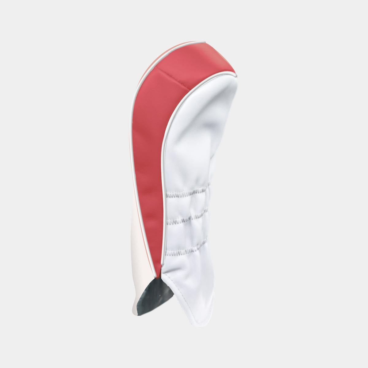 A golf club headcover in a red and white color scheme, shown from a side profile view against a light gray background.
