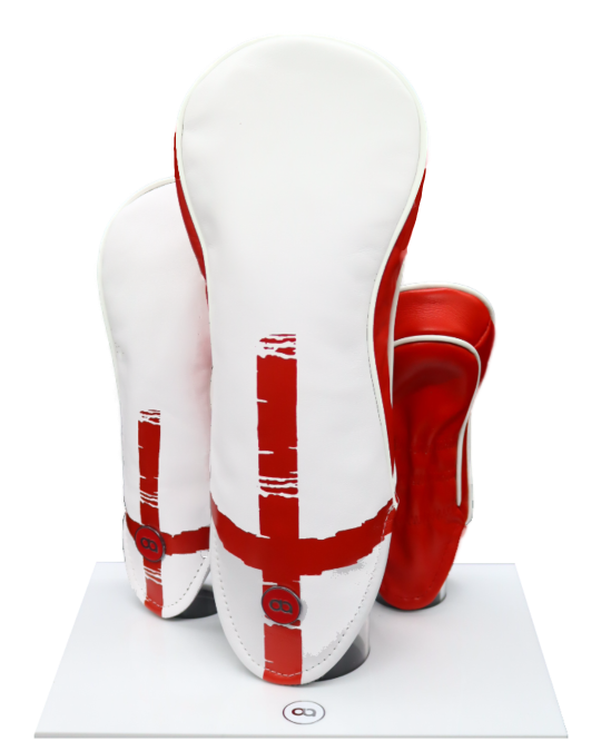 England white and red leather golf club headcover set by David Alexander.