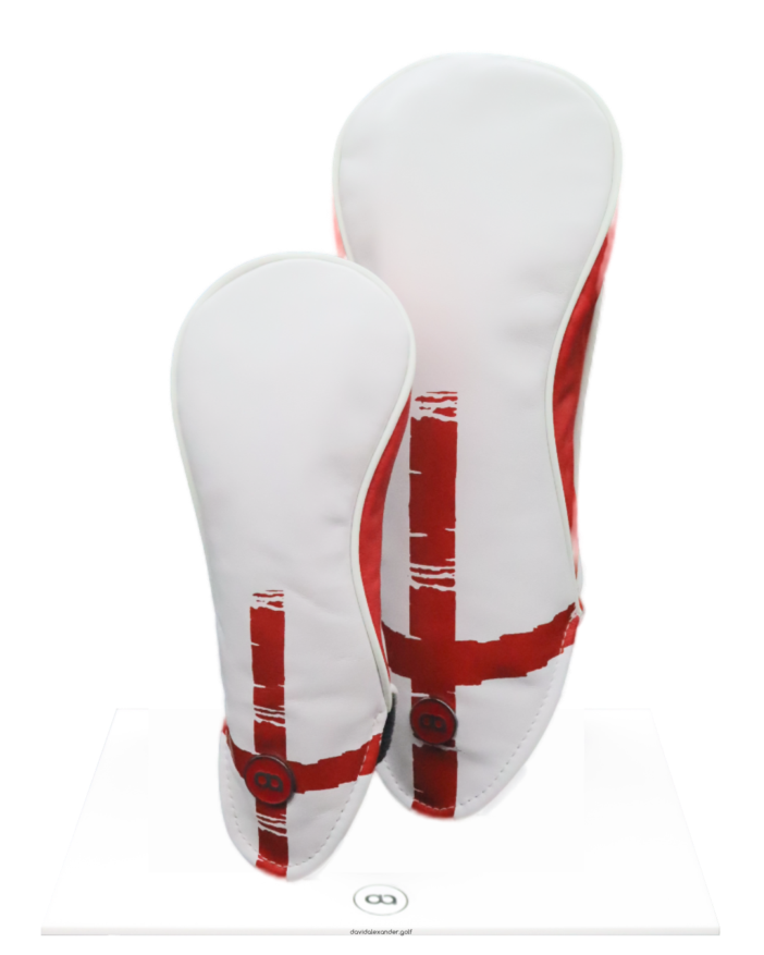 White and red England fairway wood leather headcover with a St. George's cross design.