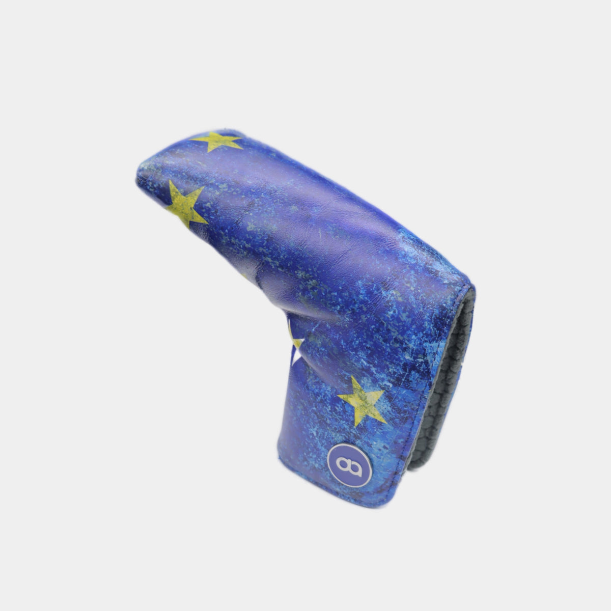 A blue and purple European golf club headcover with grunge-style blue and yellow flag European.