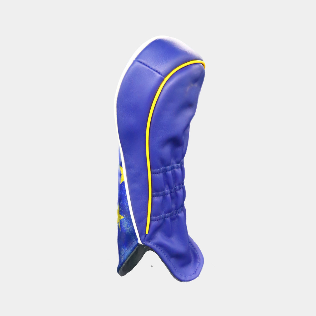 The back of a blue leather golf club headcover with white and yellow piping and shown on a plain light gray background.
