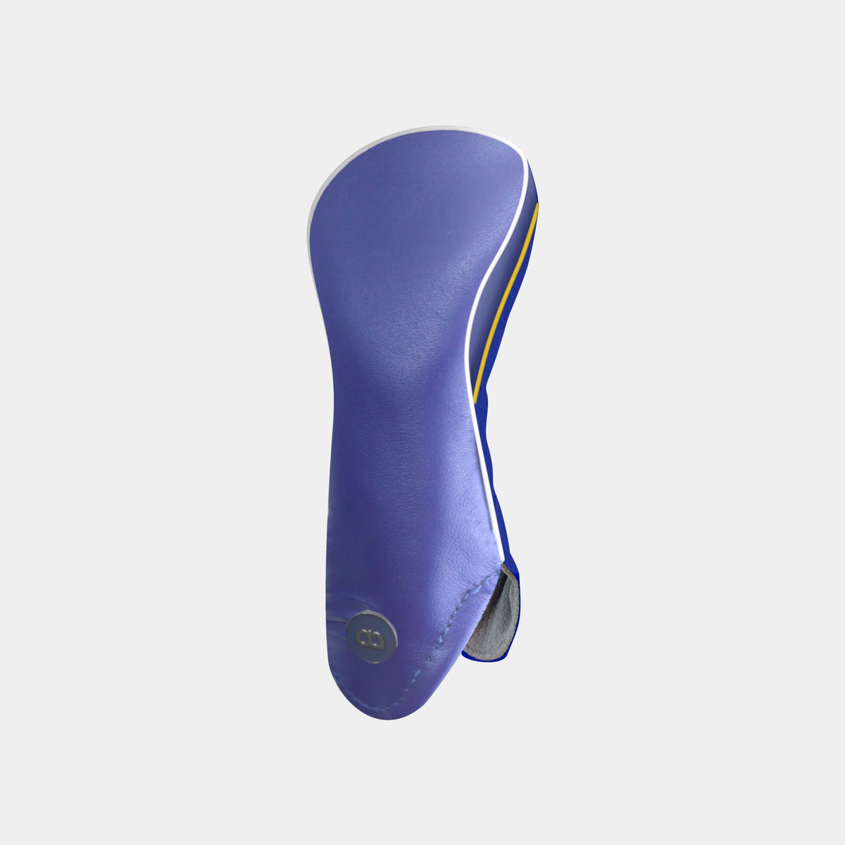 A blue leather hybrid golf club headcover with white and yellow piping shown on a plain light gray background.