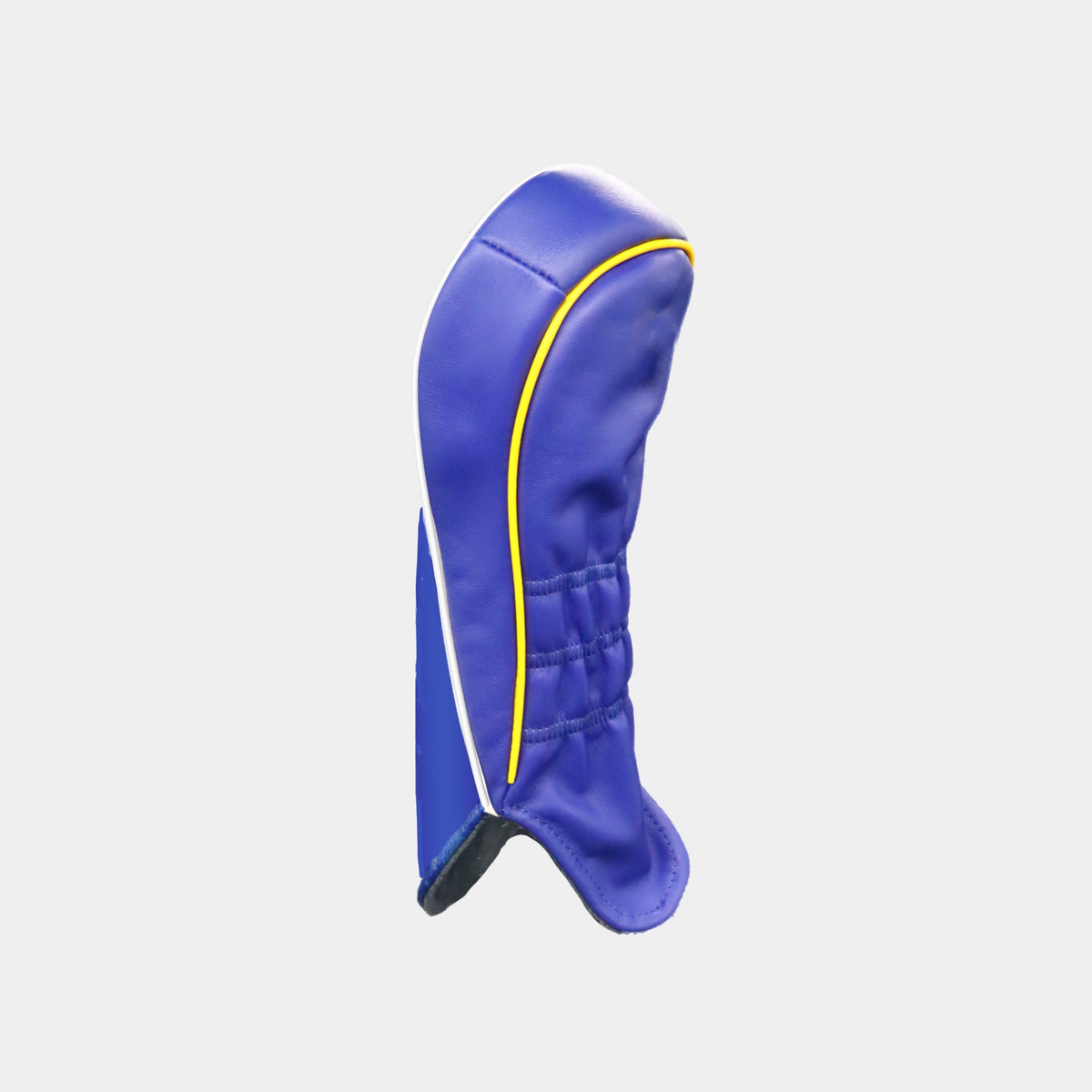 The back of a blue leather golf club headcover with white and yellow piping and shown on a plain light gray background.