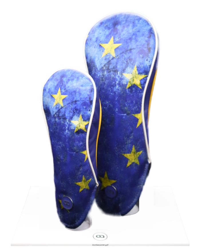 Blue and yellow leather fairway wood headcover. European flag grunge design.