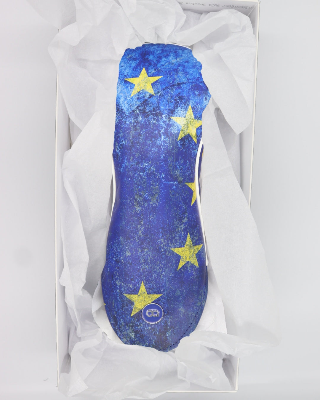Europe blue and yellow leather golf club headcover in a gift box. David Alexander Golf