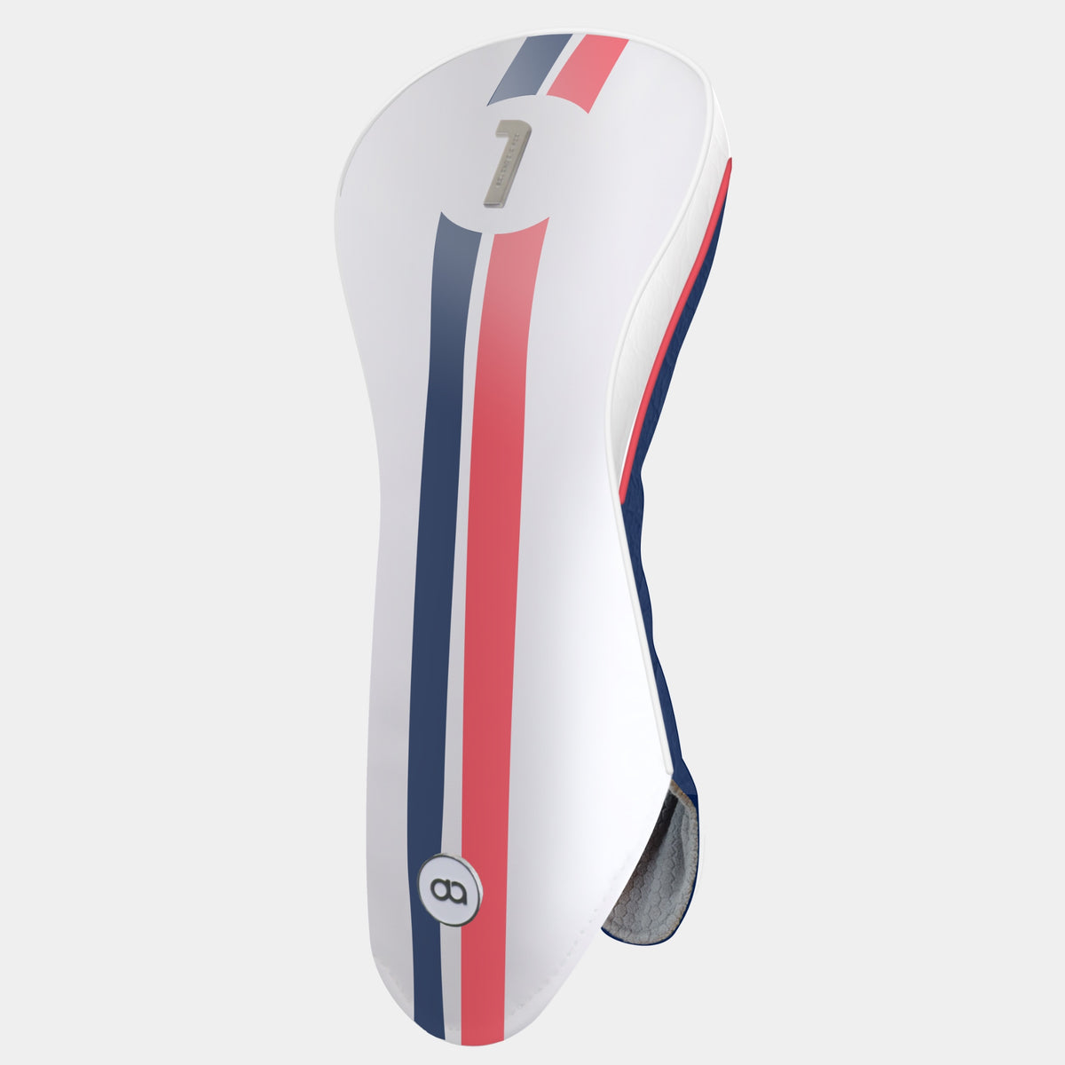 A white golf club headcover with vertical red and navy blue stripes, featuring a chrome number 1 on the upper portion and a circular logo near the bottom, set against a light gray background.
