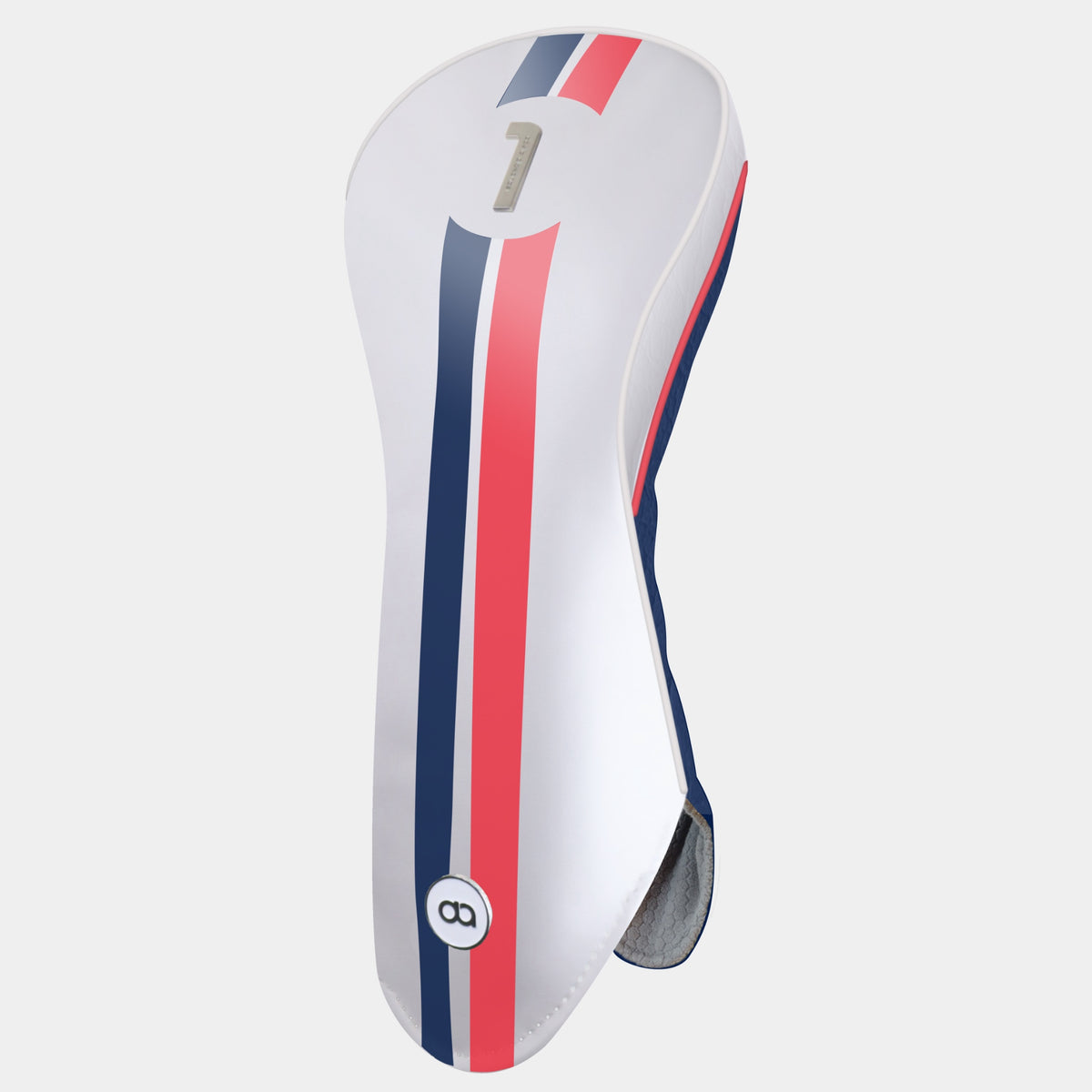 A white golf club headcover with vertical red and navy blue stripes, featuring a chrome number 1 on the upper portion and a circular logo near the bottom, set against a light gray background.