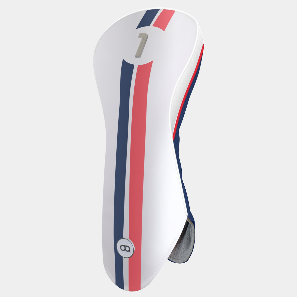 A white golf club headcover with vertical red and navy blue stripes, featuring a chrome number 1 on the upper portion and a circular logo near the bottom, set against a light gray background.