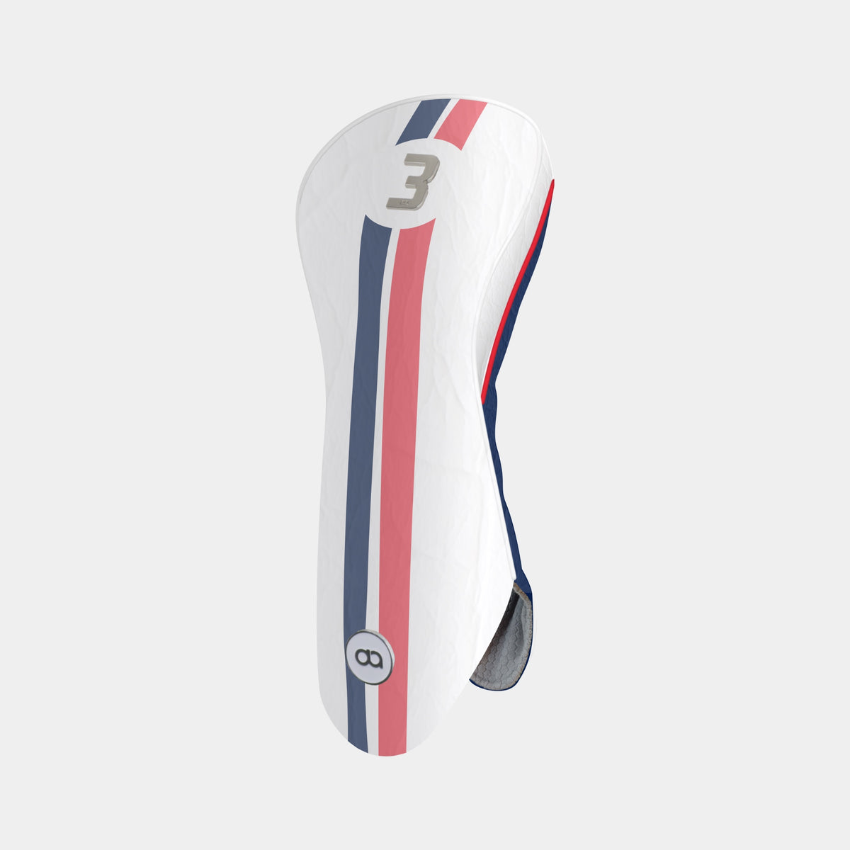 A white leather France golf club headcover in white with vertical red and navy blue stripes, featuring the number 3 on the upper portion and a circular logo near the bottom, shown against a light gray background.
