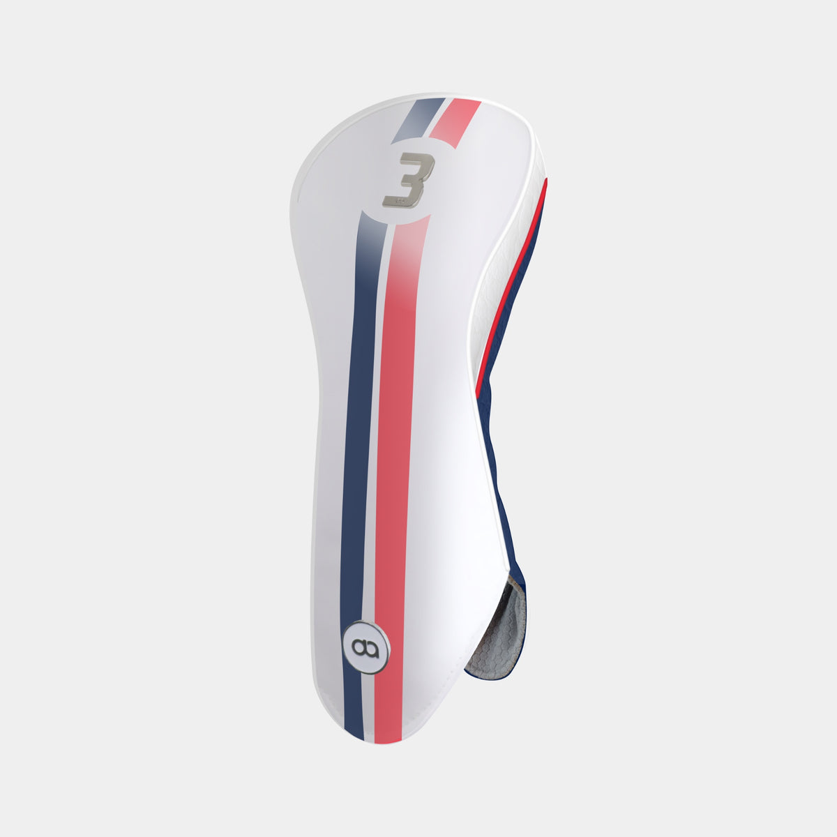 A white leather France golf club headcover in white with vertical red and navy blue stripes, featuring the number 3 on the upper portion and a circular logo near the bottom, shown against a light gray background.