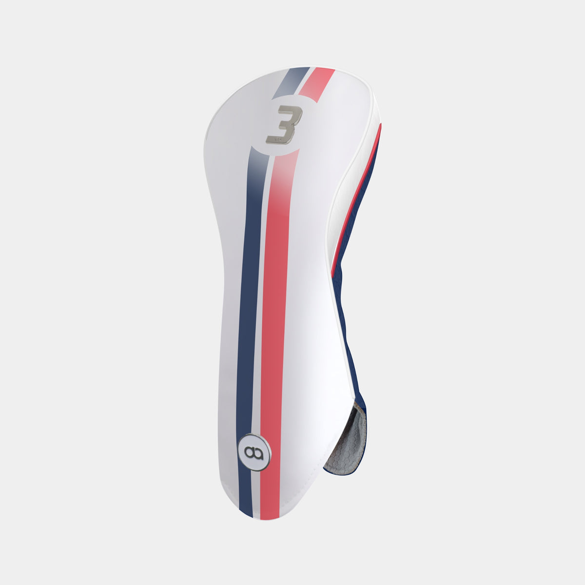 A white leather France golf club headcover in white with vertical red and navy blue stripes, featuring the number 3 on the upper portion and a circular logo near the bottom, shown against a light gray background.