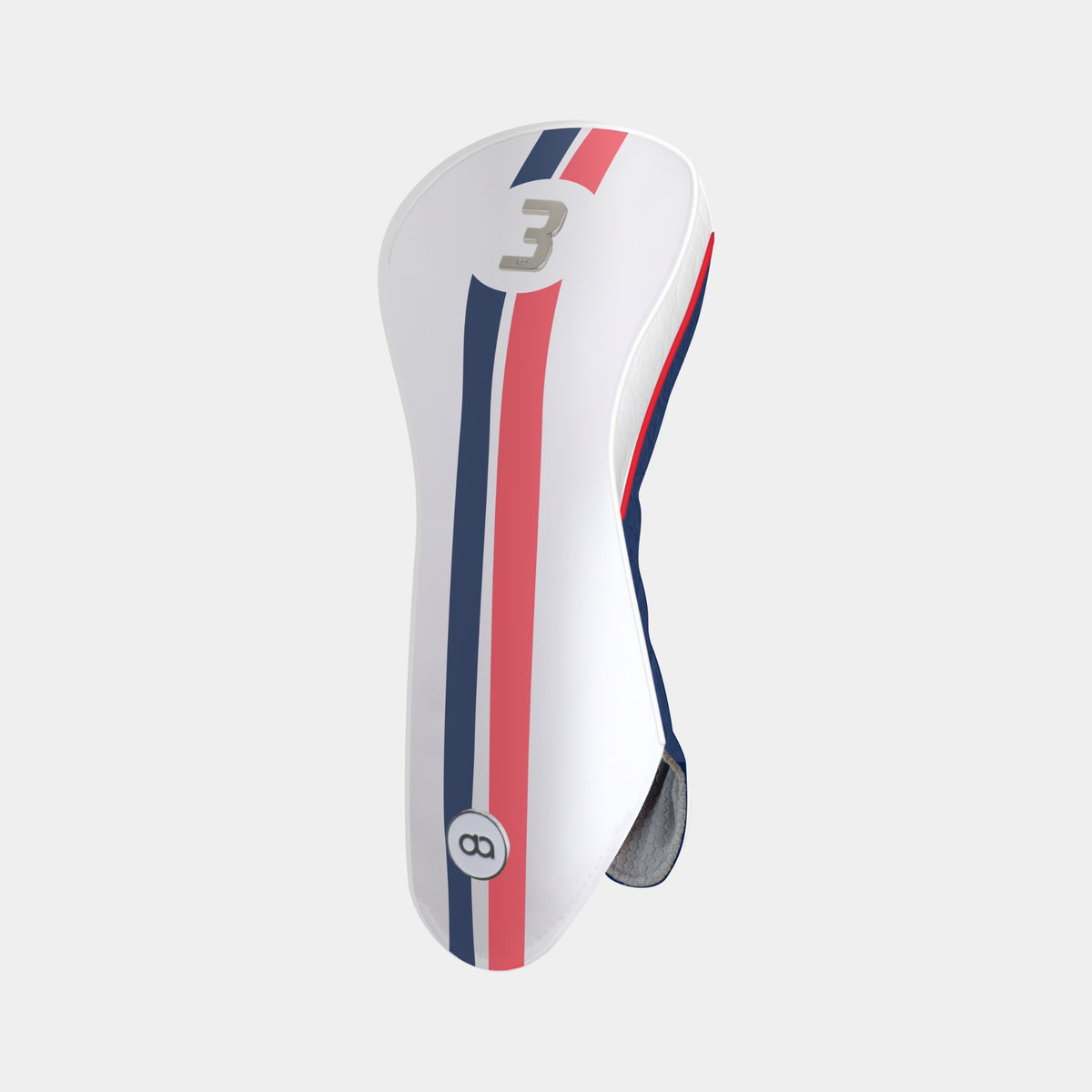 A white leather France golf club headcover in white with vertical red and navy blue stripes, featuring the number 3 on the upper portion and a circular logo near the bottom, shown against a light gray background.