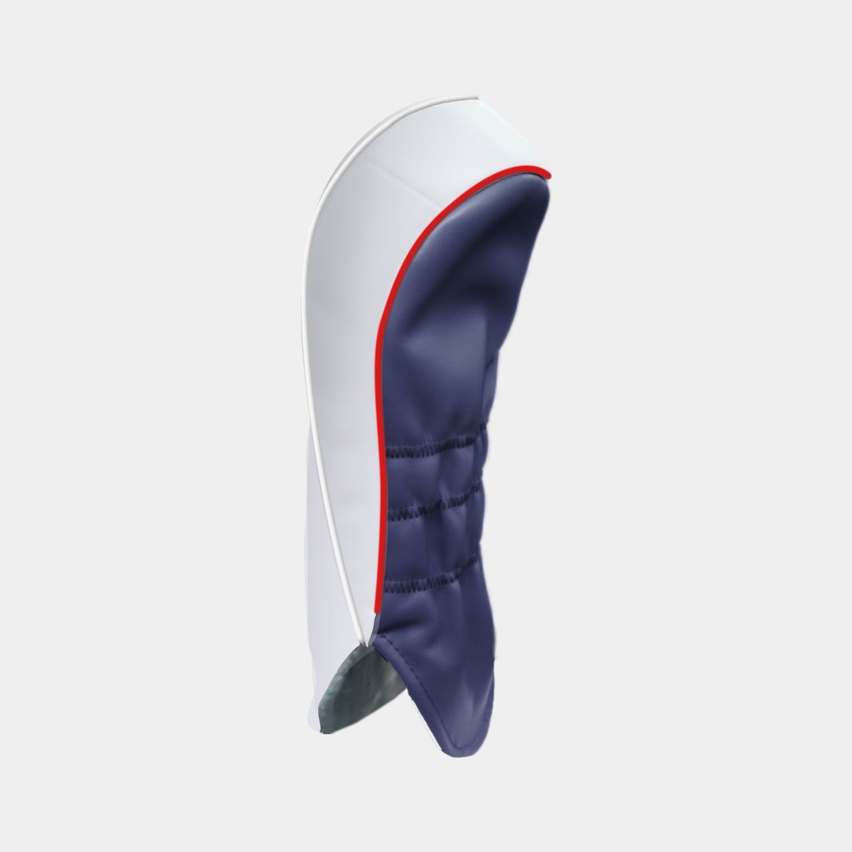 The back of a white and navy blue leather golf club headcover with white and red piping shown on a plain light gray background.