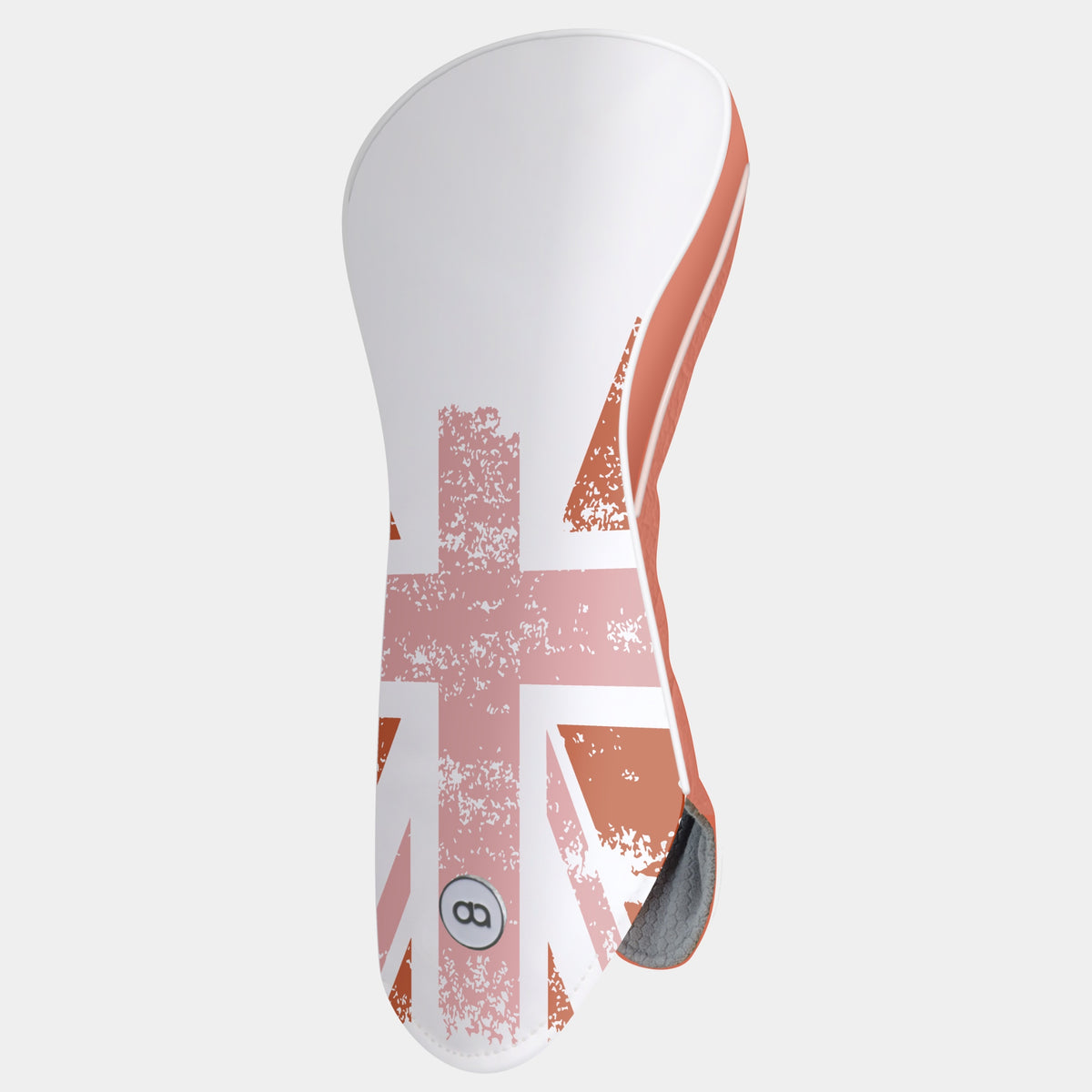 Great Britain golf club driver headcover featuring a grunge Union Jack flag design in muted red, white and terracotta on a white background.