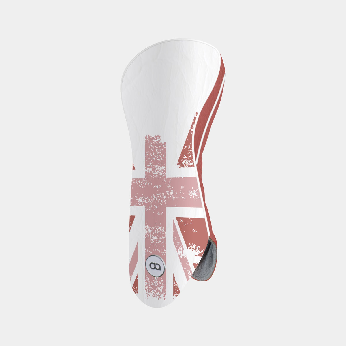 A golf club headcover with a distressed Union Jack flag design in terracotta and white, featuring a small circular 'B' logo near the base, shown on a light gray background.