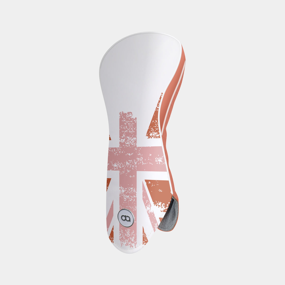 A golf club headcover with a distressed Union Jack flag design in terracotta and white, featuring a small circular 'B' logo near the base, shown on a light gray background.