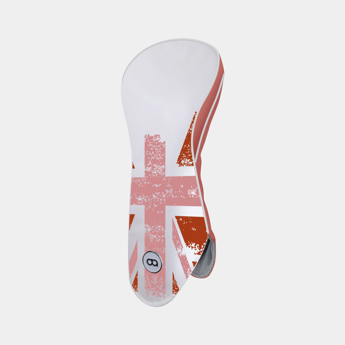 A golf club headcover with a distressed Union Jack flag design in terracotta and white, featuring a small circular 'B' logo near the base, shown on a light gray background.