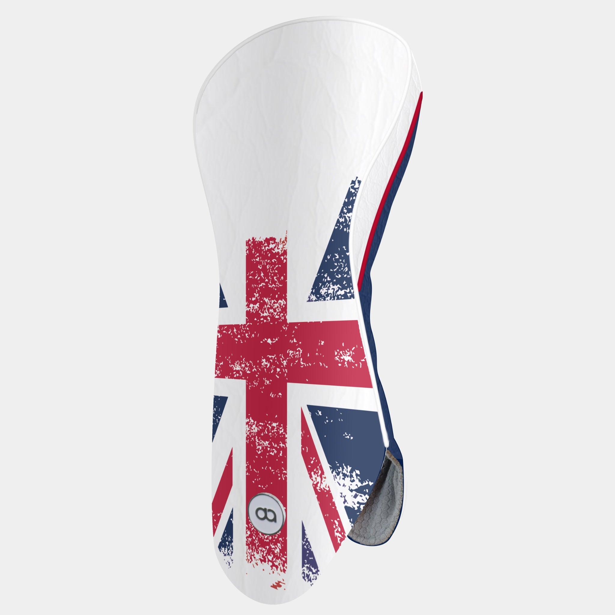 A Great Britain golf club driver headcover featuring a grunge Union Jack flag design in red, white, and navy blue,