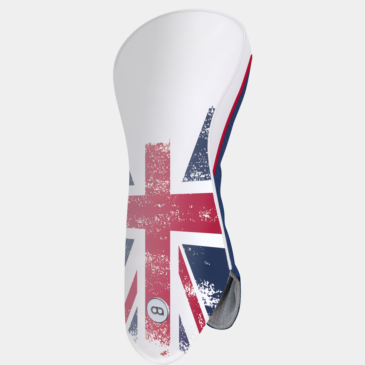 A Great Britain golf club driver headcover featuring a grunge Union Jack flag design in red, white, and navy blue,