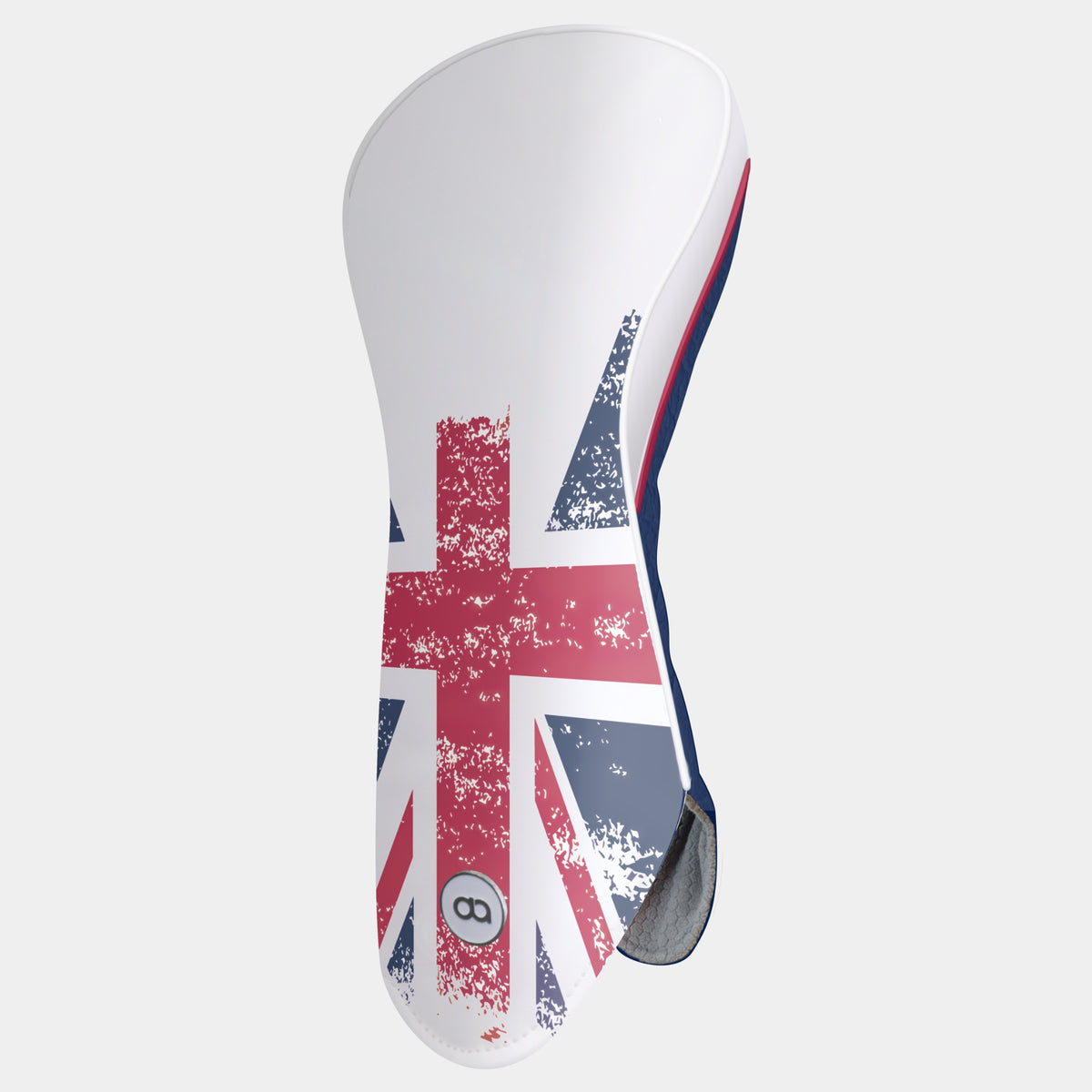 A Great Britain golf club driver headcover featuring a grunge Union Jack flag design in red, white, and navy blue,