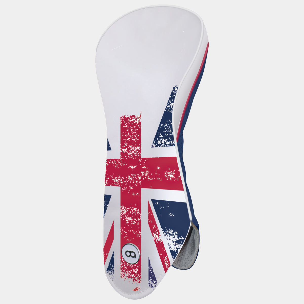 A Great Britain golf club driver headcover featuring a grunge Union Jack flag design in red, white, and navy blue,