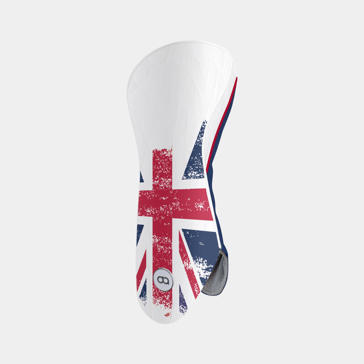 A golf club headcover with a white base featuring a distressed Union Jack flag design in red and navy blue, with a small circular '8' badge near the bottom.