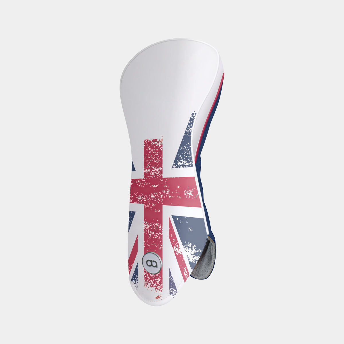 A golf club headcover with a white base featuring a distressed Union Jack flag design in red and navy blue, with a small circular '8' badge near the bottom.