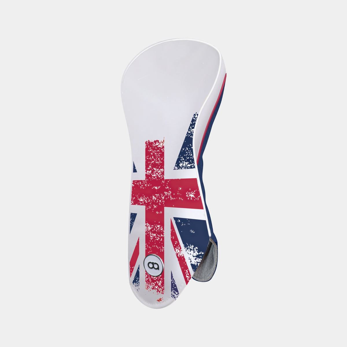 A golf club headcover with a white base featuring a distressed Union Jack flag design in red and navy blue, with a small circular '8' badge near the bottom.