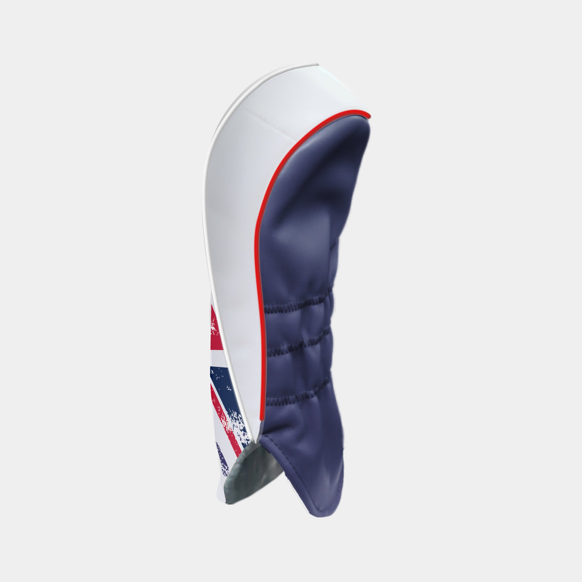 A golf club headcover shown in profile against a light gray background. The headcover features a white upper section, a navy blue lower section, a red piping accent, and a Union Jack flag graphic near the bottom.