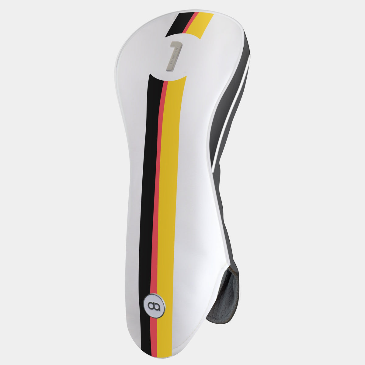 A white Germany-style golf club headcover with a vertical stripe design in black, red, and gold, featuring a chrome number 1 on the upper portion and a circular David Alexander Golf logo near the bottom.